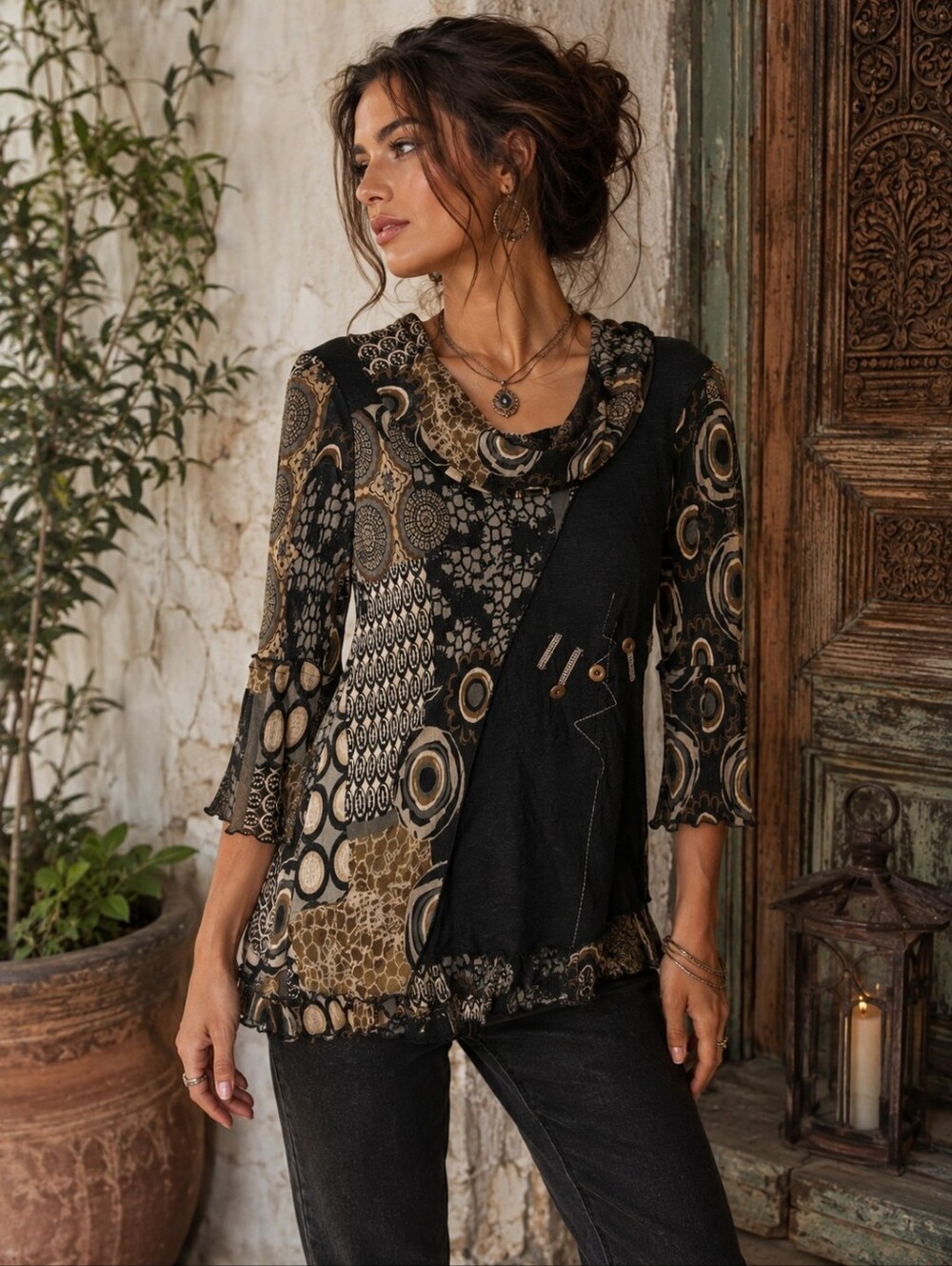 ZOE Mesh Patchwork Tunic Womens Petite Small Brown Black Boho Artsy Wearable Art